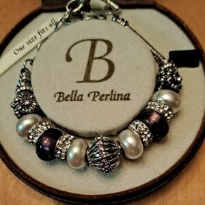 Bella Perlina Purple, White, Silver Crystals Charm Bracelet